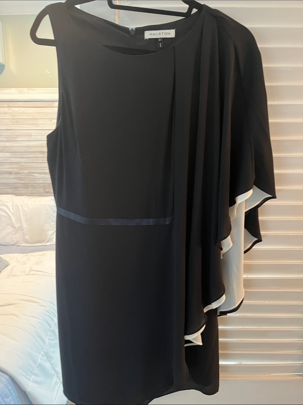 Halston Heritage Black One-Shoulder Capelet Dress with White Trim
